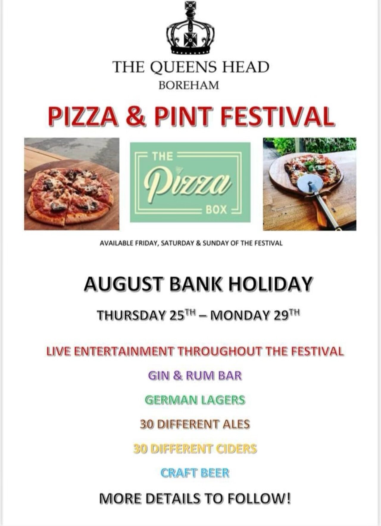 Queen's Head Boreham Pizza & Pint Festival 25th-29th Aug 2022