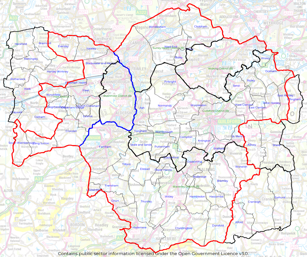 The Surrey/Hants Border CAMRA branch area is shown in red, with districts and parishes in black and the county border in blue.