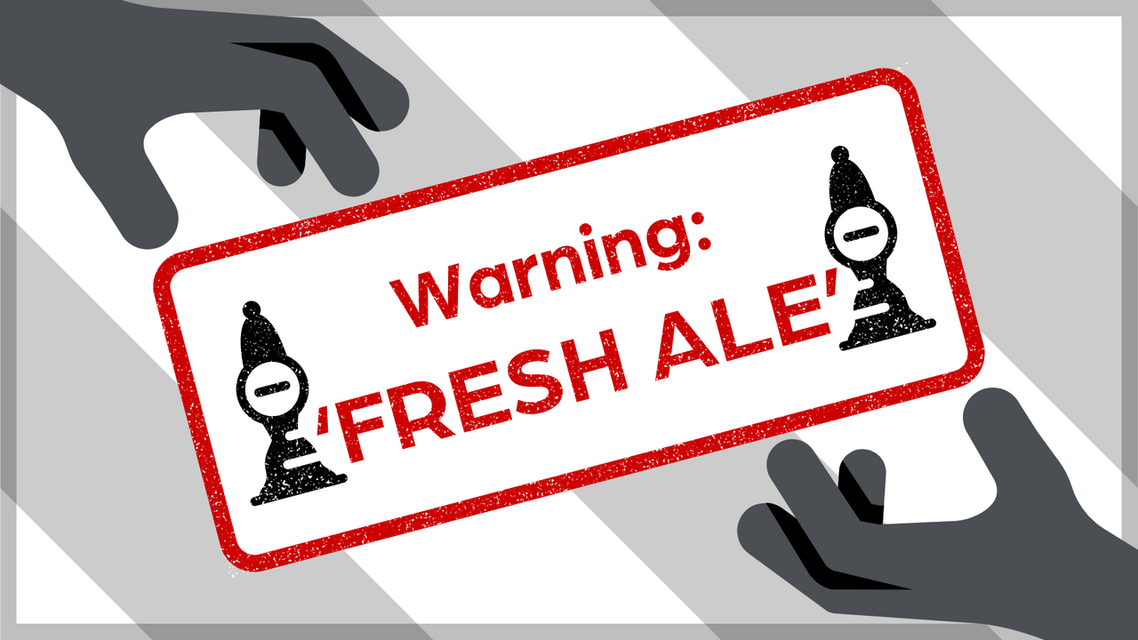 A Twitter/X graphic of a black handpull with a red rectangular box covering its middle, and red text that says Warning 'Fresh Ale' inside. There is a hand reaching out from the top right corner and bottom left corner, and grey and white diagonal lines across the background