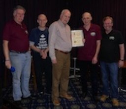 L to R Bob (chose Festival beers) Steve (organised stillage) Spike (presented certificate) Paul (bar manager) Tim Smith (Club Vice Chair)