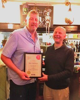 CAMRA Long Service award made to Mic Jackson for more than 20 years running the Nags Head, Great Linford, by Branch Chair, Robin Williams on 17 October 2022.