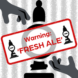 Grey, black and red graphic of hand, Handpump and Fresh Ale warning stamp.