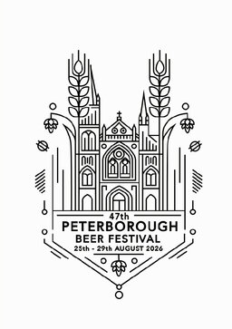 The logo for the 2026 Peterborough Beer Festival, a stylised depiction of the Peterborough Cathedral