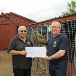 L-R Geoff Grewcock Nun & Warwicks Wildlife Sanctuary, Barry Everitt Nun/Bed Camra being watched over by a European Eagle Owl.