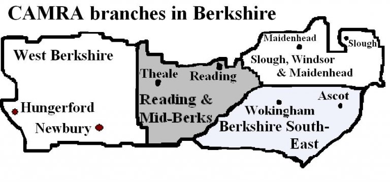 A map showing the areas covered by the four CAMRA branches in Berkshire, including Berkshire South-East.