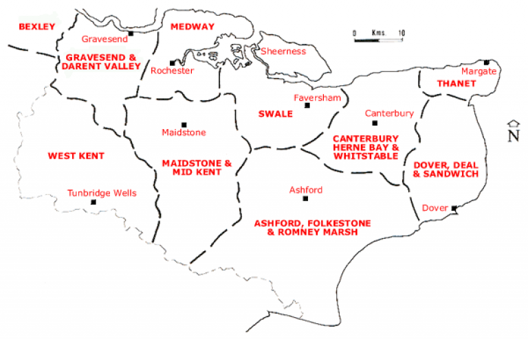 The map shows the areas covered by each of the Kent Branches.
