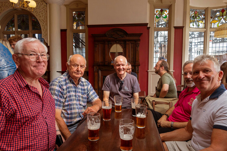 First drink at the York Tap, York Railway Station - John, Dave, Barry, Chris, Ian