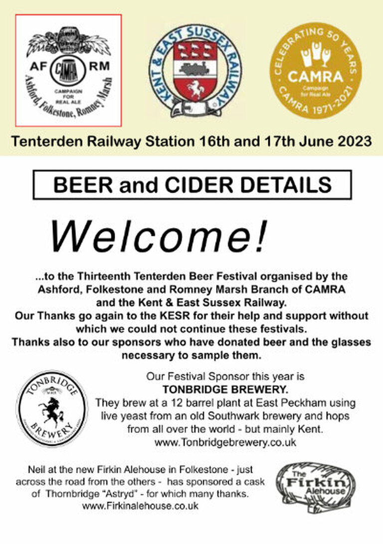 2023 KESR Beer Festival Programme, Beer and Cider Details.