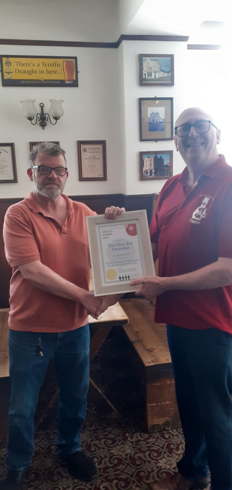 The Glue Pot was presented with a certificate to commemorate over 15 consecutive years of being in the Good Beer Guide. Quite an achievement!