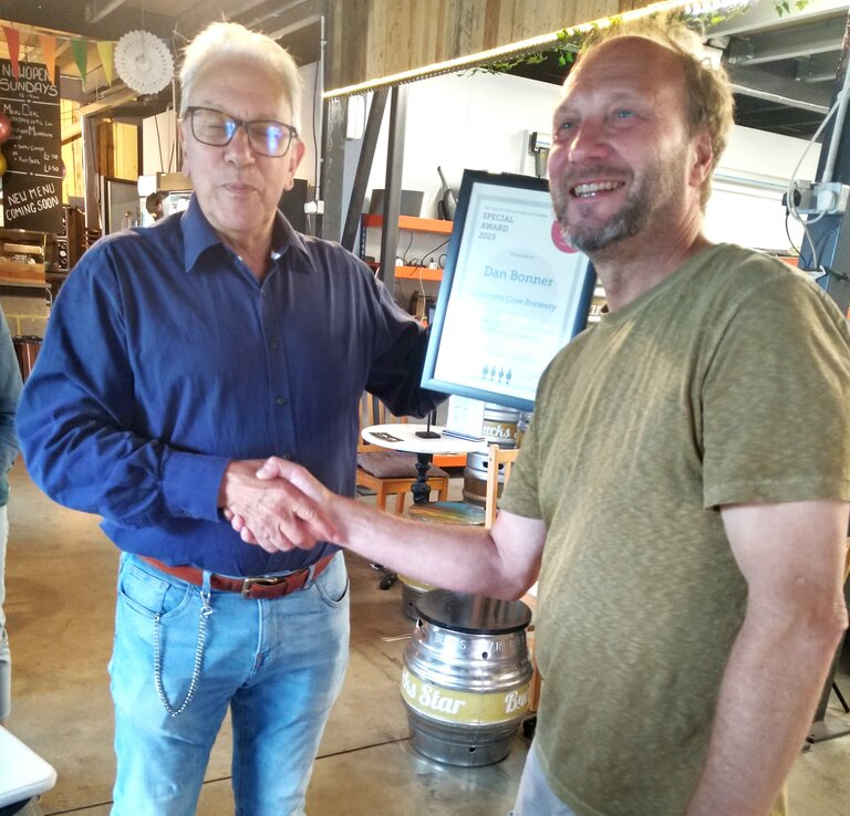 Presentation being made to Dan Bonner of Concrete Cow to commemorate his "retirement" from the brewery, which was Milton Keynes' first microbrewery, established in 2007.