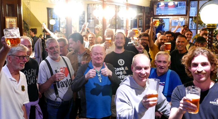 From left to right:  your's truly (John Cryne) raising a glass, next  Richard Dinwoodie  (grey shirt and braces) from Tap East Brewery, CAMRA Branch Chairman Colin Coyne, Dave Marsh (can't keep him out!), in blue shirt Mike Hill also from Tap East and very front right Andy Moffat and Dom Barton of Redemption.