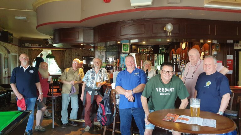 Branch members at the Pleuchie's Howff in Dumfries at the start of the Eastern bus social trip