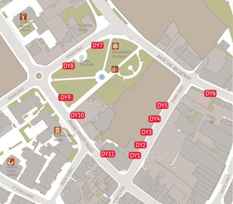 This map, provided by Transport For West Midlands, demonstrates locations of the temporary stops during rebuilding work of the town centre bus station.