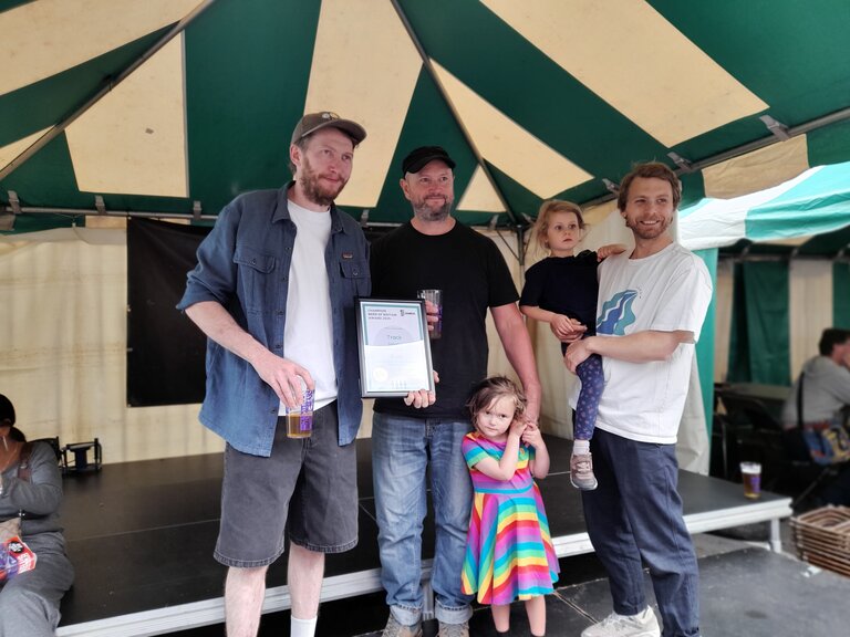 Track Brewing Group Photo for their Sonoma in Session Blondes and Golden Ales CBoB  Gold award at NW Merseyside and Cheshire. Presented at Chorlton Beer Festival.