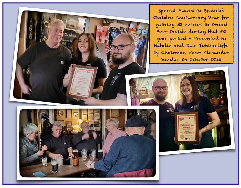 Special Award presentation to Tandle Hill Tavern for being in GBG 32 times during Branch’s 50 year existence. Special Award presentation to Tandle Hill Tavern for being in GBG 32 times during Branch’s 50 year existence.