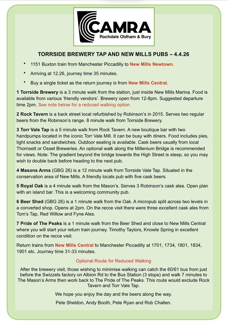 Itinerary Branch Social 4 April 2026- Torrside Brewery Tap & New Mills Pubs