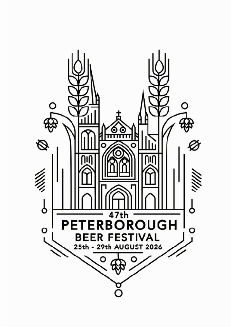 The logo for the 2026 Peterborough Beer Festival, a stylised depiction of the Peterborough Cathedral