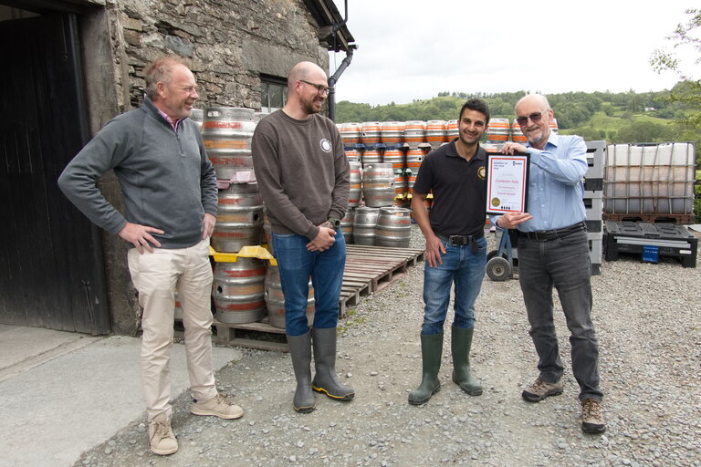 Roger, Steph and Josh receiving the Certificate for Furness CAMRA Brewery of the Year 2026 from Jack Summers-Glass, their Brewery Liaison Officer.