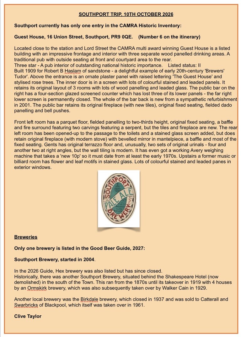 Additional info Southport Social Sat 10 October 2026.
Describes Historic Interior, and a history of local breweries.