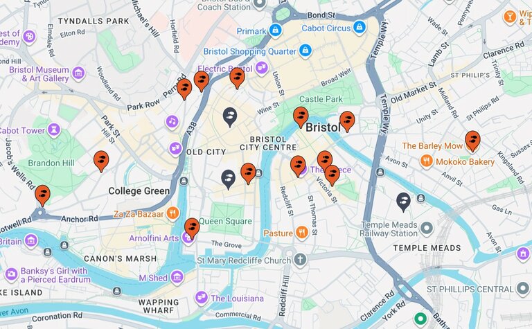 A map of the Bristol City Centre Ale Trail, as at October 2026.